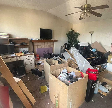 Cluttered living room with boxes, bags, and household items.