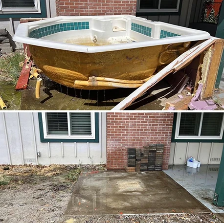 Hot tub and yard waste needing removal, showcasing trash removal services in Sparks and Carson City, NV.